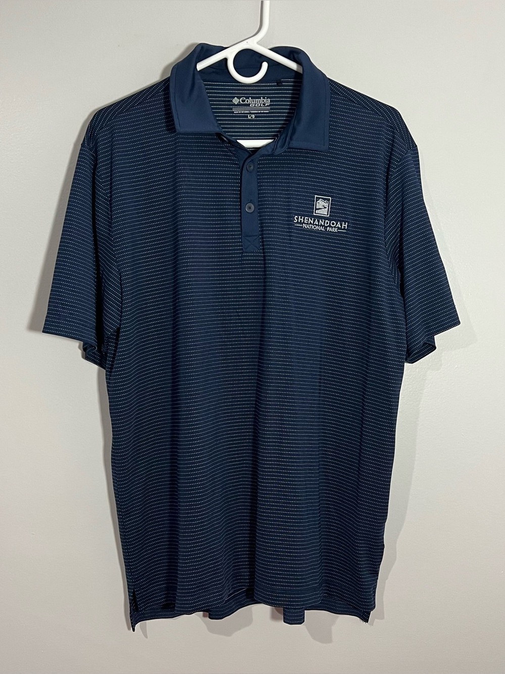 Columbia Shenandoah National Park Blue Stripe Short Sleeve Polo Shirt Mens Large